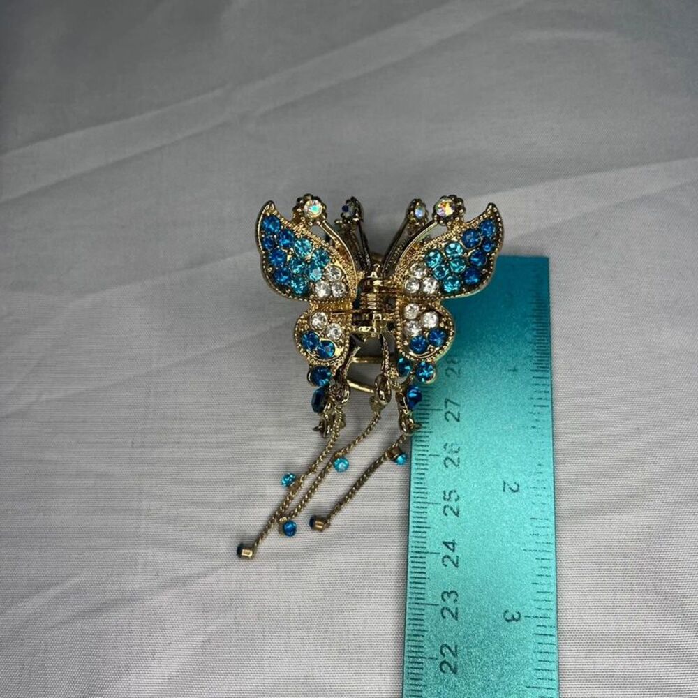 Gold Tone Blue Rhinestone Butterfly Hair Claw Clip with Dangle Chains